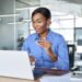 Professional African business woman hr working in office having virtual meeting.